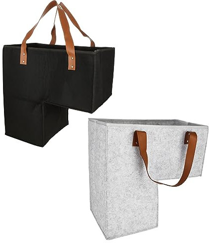 ZOFUN 2 Stück Filz-Treppenkörbe, 42 x 42 x 25 cm, Treppen-Aufbewahrungskörbe mit Kunstledergriffen, 3 mm dick, leicht, schwarz/grau, Treppenetui, faltbarer Treppenkorb für Wäsche, Spielzeug,