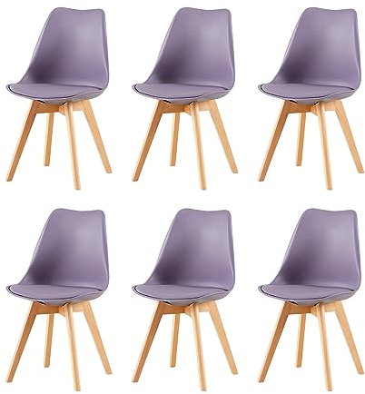 EGGREE Pack 6 Sillas de Comedor Sillas Cocina Nordica con Asiento Tapizado de Cuero PU y Patas de Haya, Gris-Violeta