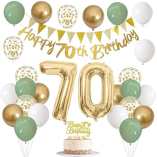 70th Birthday Decorations for Men Women - Sage Green White Gold Balloons with Happy Birthday Banner, Cake Decoration, Number 70 Balloon for Year Old Party Decor