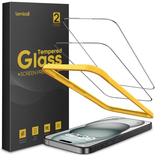 Lamicall Displayschutz für iPhone 15 Plus, [2 Stück] Schutzfolie - Anti-Fingerprint Schutz Folie mit Montagerahmen, 9H Härte Glas, Kratzfest Glas Schutzglas für iPhone 15 Plus