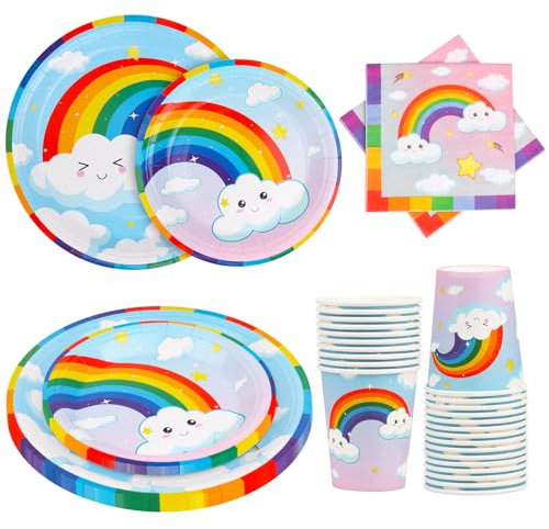 Fowecelt Rainbow Party Tableware - 120 pcs Paper Plates, Cups & Napkins Set for Kids' Birthday Parties