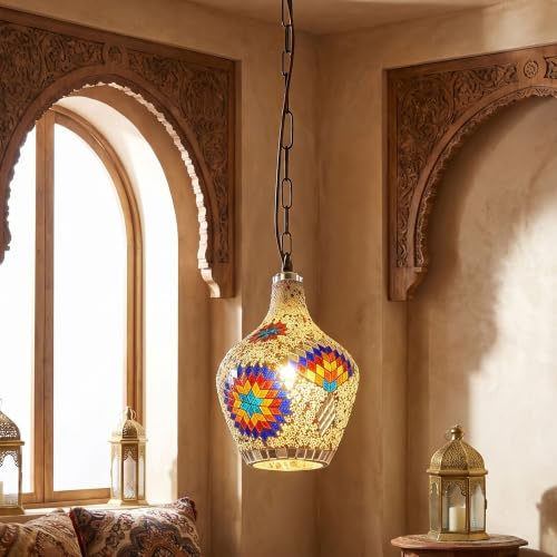 LEDSone Deckenpendelleuchte aus Mosaikglas im türkischen Stil, handgefertigt, Buntglas, dekorative mehrfarbige Pendelleuchte, handgefertigte Beleuchtungsvorrichtung (mit Glühbirne, 1 Stück)