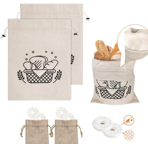 SNAIL GARDEN 2 Pack 45×35cm TPU Inner Bread Bags,Reusable Linen Bags for Sourdough Storage,with 2 Pack Moisture Absorbers Bags,Bread Bag to Keep Bread Fresh,Food Bags for Homemade Bread Storage