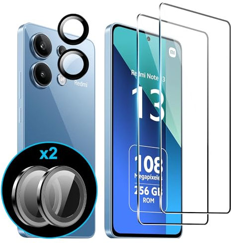 FDHYFGDY 2 Piezas Cristal Templado para Xiaomi Redmi Note 13 4G, 2 Piezas Película de Vidrio para Cámara, Dureza 9H, Protector de Pantalla Antiarañazos y Antiburbujas