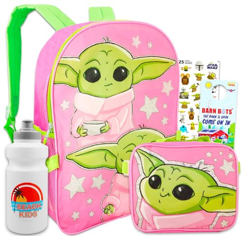 STAR WARS Baby Yoda Rucksack mit Brotdose für Mädchen - Bundle mit Baby Yoda Rucksack, Brotdose, Wasserflasche, Stickern, mehr | Mandalorian Rucksack mit Lunchbox Set