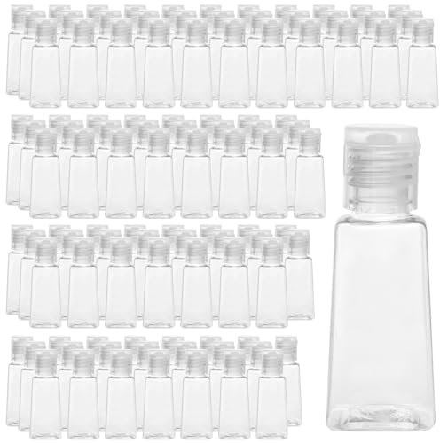 PINGEUI 120 bottigliette da viaggio in plastica trasparente da 30 ml, piccole bottiglie trasparenti con tappo a scatto, bottiglie vuote in plastica per viaggi, cosmetici, prodotti per il trucco