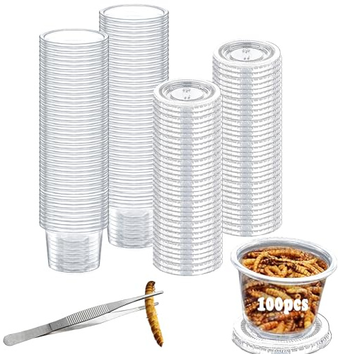 100 pcs Small Gecko Food and Water Cups Plastic Reptile Feeding Bowls Ledge Accessories for Crested Gecko Lizards Small Pets, 1 oz