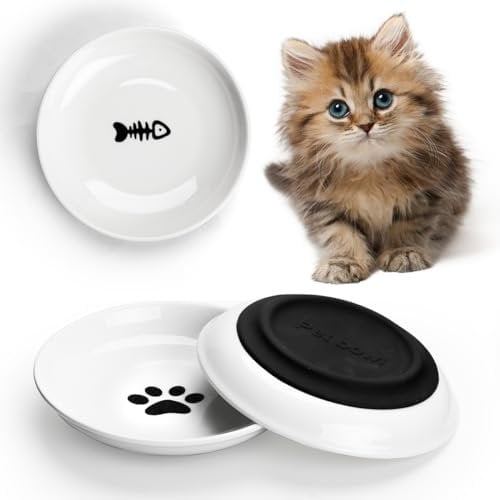 Quyimy Ceramic Cat Bowls, 3Pcs Cat Food Bowl Shallow Cat Bowl with Non-Slip Silicone Bottom, Kitten Pet Bowls Cat Water Bowl, 15cm Diameter