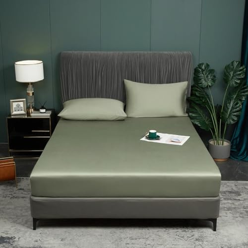 Luofanfei Sábana bajera ajustable de bambú, 160 x 200 cm, color verde | Sábana bajera para cama con somier, de fibra de bambú, brillante, para colchones altos de hasta 25-30 cm