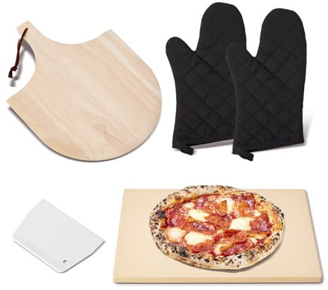 ROCKSHEAT Pizza Stone Set, 30 x 38cm Rectangular Pizza Stone for Oven Grill BBQ with Wooden Pizza Peel & Oven Mitts, Durable Cordierite Baking Stone for Bread & Pizza & Cookies