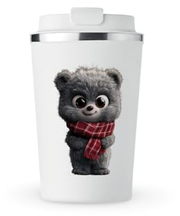 MAXIKIWI - Insulated Double Walled, Leakproof Stainless Steel Mug, Coffee or Tea Travel Tumbler with Lid, Keep Drinks Hot and Cold - Cute Smiling Teddy Bear with Scarf 3-350ml
