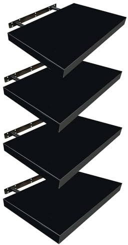 Shelfinity Set of 4 Black Floating Shelves for Wall | 30cm High Gloss Modern Wall Shelves | For Bedroom Living Room Bathroom Kitchen Office | Floating Shelf Unit Ideal for Display & Storage
