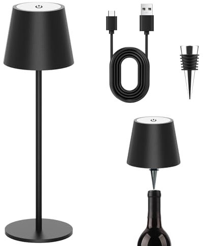 ANTELA Lampada LED da Tavolo Senza Fili Ricaricabile, Dimmer Touch Dimmerabili con USB-C, Lampada da Scrivania Portabile, per Interni/Esterni, Ristorante/Camera da Letto/Bar, Nero