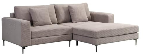 Home Deluxe Sofa BELLANO Beige M 238 x 188 x 94 cm - Ottomane: Rechts| inkl. Zierkissen Cordsofa, L – Form Sofa, Ecksofa, Cordstoff
