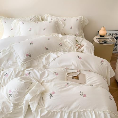 Sedefen Rüschen Bettwäsche 135x200cm 4teilig Weiß Rosa Blumen Stickerei Bettwäsche Set Romantisch Ruffle Oeko-TEX Bettbezug Weich Mikrofaser 2 Deckenbezug mit Reißverschluss und 2 Kissenbezug 80x80cm