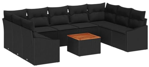 vidaXL 10-teiliges Garten-Sofaset mit Kissen in Schwarz aus Poly-Rattan und Akazie – perfekt für große Gruppen, tolle Terrassenmöbel für Lounge und Patio in modularer Anordnung.
