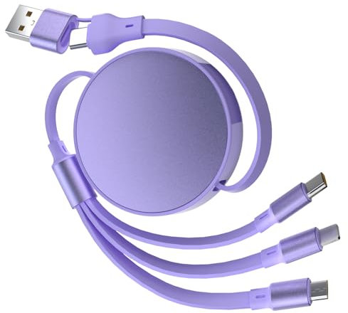 Qreninv 100 W 6‑in‑1 Retractable Fast Charging Cable, PD 3.0 Multi Charging Cable, 1.1M Fast Charging Cord, Tangle‑Free Travel Cord for Phone 5-16 Plus, MaBook, Pad, Galaxy, Lavender Purple