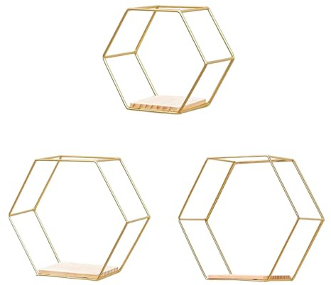 CXYNDFA Goldene sechseckige Wandregale 3er-Set – Schwebende Metallregale für Wandmontage, geometrisches Regal für Schlafzimmer, Wohnzimmer, Küche & Büro
