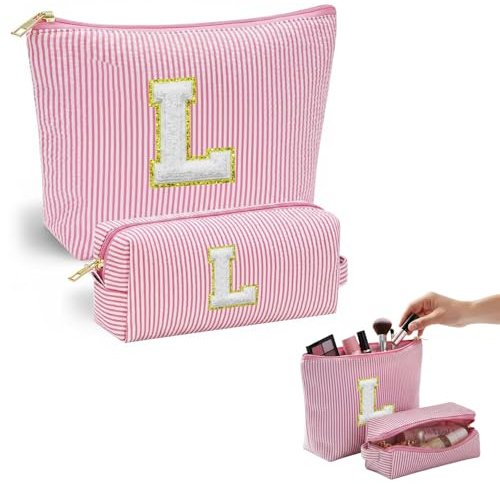 VLYX Trousse de Maquillage Personnalisée - Grandes Trousses Cosmétiques pour Femmes avec Initiales A-Z, Lot de 2 - Pochette de Toilette Portable, Idée Cadeau Anniversaire (L)