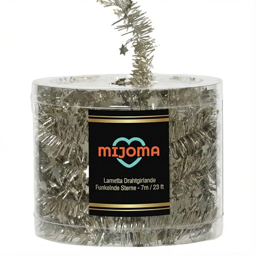 MIJOMA Lametta Drahtgirlande Funkelnde Sterne - 7m Weihnachtsgirlande für Christbaum, Adventskranz, Festliche Deko - Stilvoll für Feiern, Hochzeiten, besondere Anlässe (Perle)