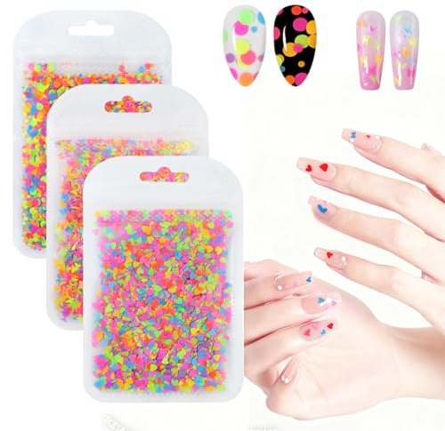 3 teiliges Nail Art Glitzer Set, Herz， Kreis und Schmetterlingsförmige Nagel Pailletten, Fluoreszierende Nageldekoration Pailletten, für DIY Nageldesign, Nagelverzierung