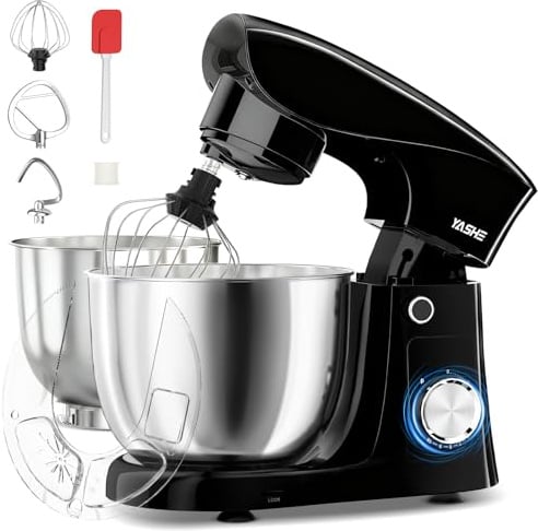 YASHE Batidora Amasadora 1500W, 4,5 + 5L Doble Bol de Acero Inoxidable, 10+P Velocidades, Movimiento Planetario, Cabezal Inclinable, Gancho para Masa, Batidor y Varillas