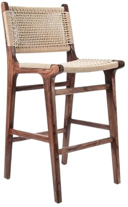 SLOQYNAPU Tabouret de Bar Nordique en Corde tressée en Bois Massif, café, Restaurant, Pied Haut, Tabouret de Salle à Manger, Dossier de Maison, chaises de Loisirs, Meubles(60cmHigh-Walnut)