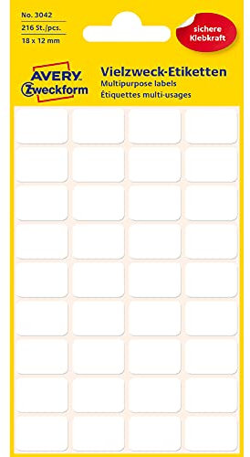 AVERY Zweckform 3042 Haushaltsetiketten selbstklebend (18x12 mm, 216 Aufkleber auf 6 Bogen, Vielzweck-Etiketten für Haushalt, Schule und Büro zum Beschriften und Kennzeichnen) blanko, weiß