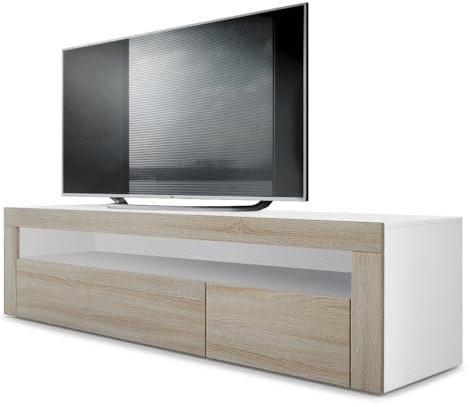Vladon Lowboard Valencia, Made in Germany, TV-Kommode mit 1 offenem Fach und 2 Klappen, Weiß matt/Eiche sägerau/Eiche sägerau (155 x 46 x 40 cm)