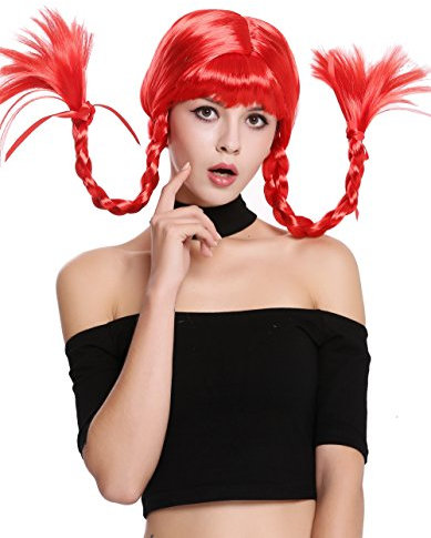 WIG ME UP - DDH-T8175-PC13 Perücke Damenperücke Karneval Halloween Freche Göre Lolita steife geflochtene Zöpfe rot Pony