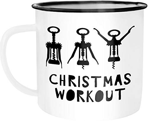 Moonworks Emaille Tasse Becher Christmas Workout Flaschenöffner Korkenzieher Weihnachten lustig Weihnachtstasse Kaffeetasse weiß-schwarz unisize