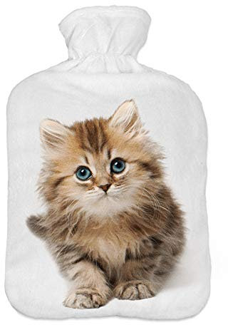 Wärmflasche mit Pullover Bezug 2 Liter Bettflasche mit schönen Fleece-Druck Bezug Gummi Wärmflasche mit Deckel Katze [092]