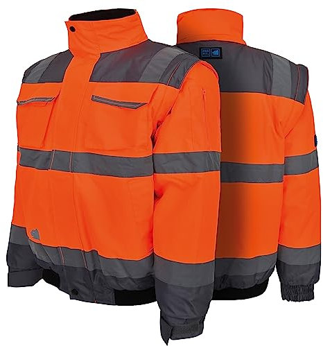 PRO FIT Warnschutz Pilotenjacke – Atmungsaktive Arbeitsjacke, Wind- & Wasserabweisend, Ärmel abnehmbar, Reflexstreifen, Unisex - Gr. XXL, Neonorange/Grau