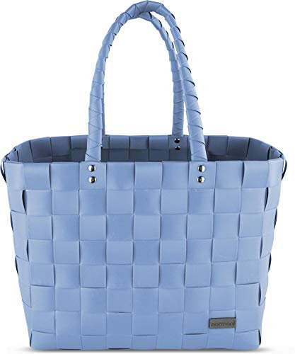 normani® Einkaufstasche Shopper geflochten aus Kunststoff - robuster Strandkorb Vintage Style 38cm x 25cm x 28cm Farbe Classic/Light Blue