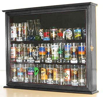 Shot Glass Shooter Display Case Small Wall Curio Cabinet for Salt & Pepper Shaker Display Also Compatible with Funko Pop Figures, Nodder Wobbler Figures - Black Frame