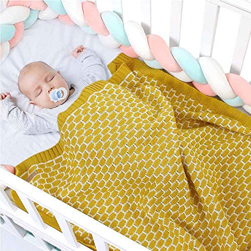 Strickdecke Babydecke Kuscheldecke Acryl, Surwin Mädchen und Jungen Babys Gitterziegelart Gestrickt Kinderdecke Freien Krabbeldecke Perfekt für Kinderwagen Babybett (Senfgelb,100x80cm)