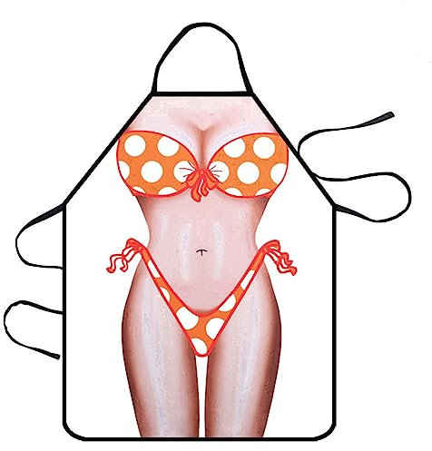 TOPWAYS® Delantal de cocina divertido y novedoso, delantal de cocina sexy, para cocinar, barbacoa, fiesta, chefs adultos, delantal para hombres y mujeres, regalo divertido (bikini naranja para mujer)