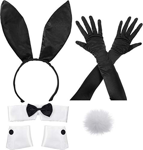 BBTO Hase Kostüm Set inklusive Hasenohr Stirnband, Manschetten und Hase Schwanz Zubehör für Halloween Cosplay Party (Schwarz, Weiß)