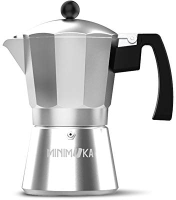 Minimoka 6 - Cafetera italiana, 6 tazas, base y filtro de acero inoxidable, mango ergonómico, válvula de seguridad, cierre de silicona para mayor seguridad, apta para: vitro, eléctrica y gas