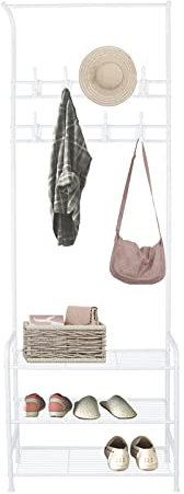 Innotic Coat Rack Stand with Shoe Rack and Removable 16 Hooks Free Standing Hall Tree Matte Steel Frame Hat Rack Coat Stand for Storage, White