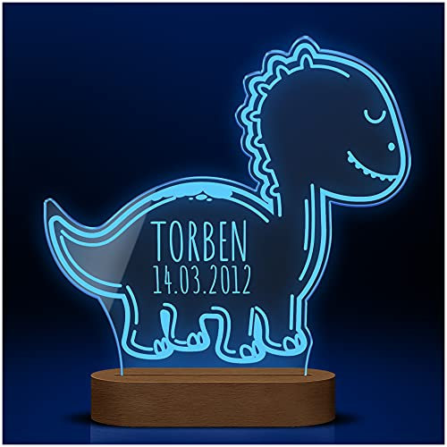 CHRISCK design Dino Nachtlicht Schlummerlicht mit LED Lampe aus Acrylglas | Dinosaurier Lampe personalisierbar mit Namen und Datum z.B Geburt Taufe Kinder Geburtstag | Babylicht Kinderlampe