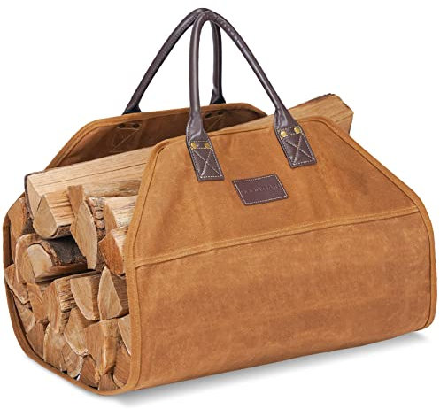 G GOOD GAIN Firewood Carrier Waxed Canvas with Handles, Wood Carrier for Firewood, 36x18.5 Inch Heavy Duty Firewood Storage Tote, Fireplace Log Carrier Indoor Bag, Wood Stove Accessories. Khaki