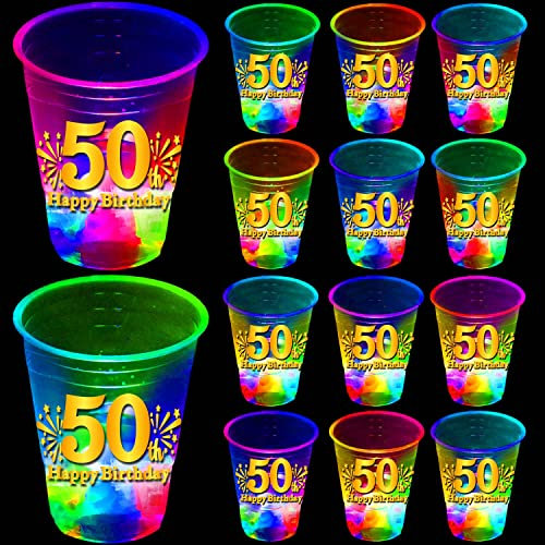 mishunyus 50th Birthday Party Cups 24 Pack - Glow in the Dark Plastic Cups with Happy 50th Birthday Gold Design, Reusable Drinkware for Birthday Decorations, Party Supplies & Favors