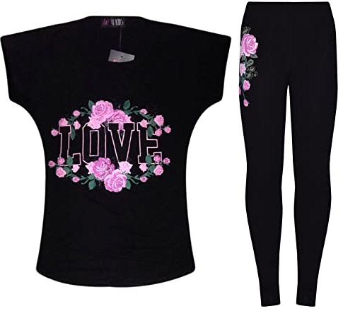 A2Z 4 Kids Girls T-Shirt Tops With Trendy Legging New Love Roses Floral Short Sleeve Top And Trouser Activewear Outfit Set For Childrens Age 5-13 Years