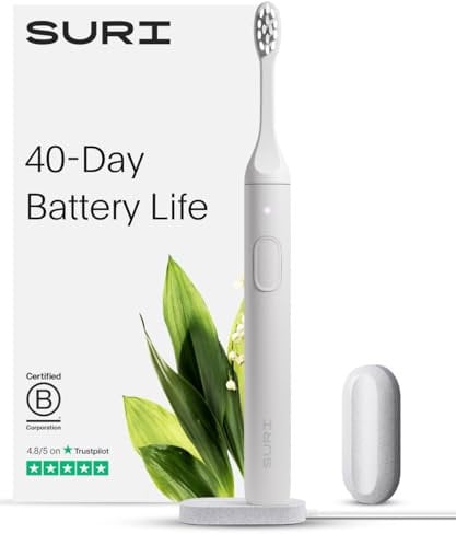 SURI Sonic Electric Toothbrush | 40+ Day Battery | UK’s No.1 Rated | Sustainable Electric Toothbrush Adults | Travel Tooth Brush | Sonic Toothbrushes |White