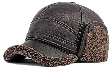 MUYAN Baseball Cap mit Ohrenklappen Herren PU Leder Schirmmütze mit Nackenschutz Winddicht Warm Wintermütze (Kaffee (58-60cm))