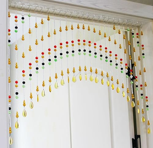 Rekelola Beaded Curtain for Doorways,Hanging Glass Clear Crystal Door Beads Curtains for Windows Room Divider Bedroom Coffee House (25 Strings ColourAmber)