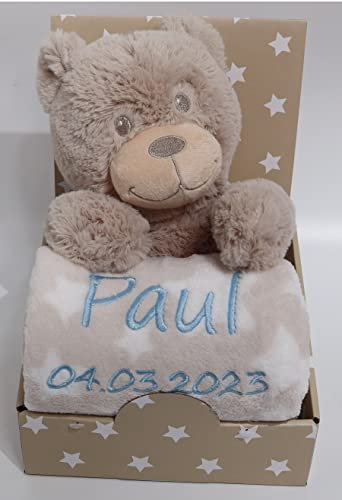 BotoBaby Personalisierte Babydecke mit Namen & Geburtsdatum Bestickt Plüschtier Kuscheldecke 75x100 cm Geschenk zur Geburt, Taufe, Ostern, Babyparty Baby Geschenkset (Beige Teddybär Sternen)