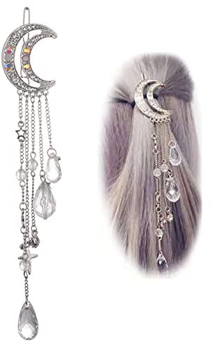 IUDWCG 1 Stück Braut-Haarspangen, Silber und Kristall mit Edelstein, Mond-Diamant-Quaste, Pentagon-Anhänger, Seitenclip, Haarschmuck für Frauen und Mädchen