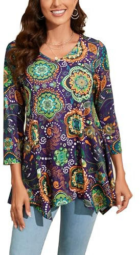 Enmain Camiseta Mujer Manga 3/4 Top Túnica Larga Cuello de Pico Blusa Elegante y Cómoda Talla Grande Tops Estampadas T Shirt para Mujeres,Violeta 1,M